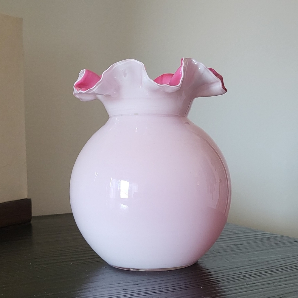 Vintage Cased Glass Round Vase White Cranberry Ruffled